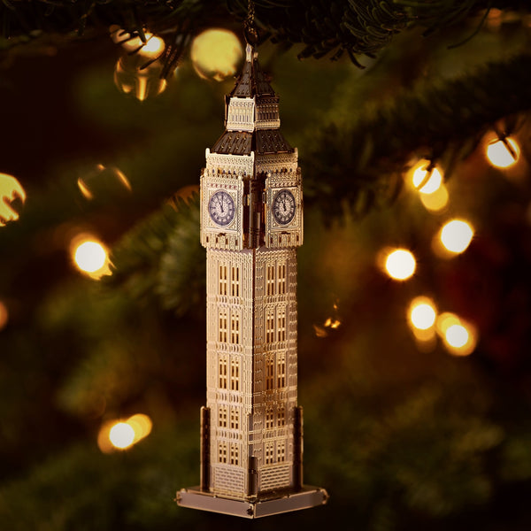 24K Gold London Christmas Ornament featuring Big Ben hanging on a Christmas Tree