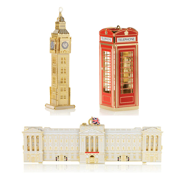 London Landmarks Set by The London Christmas Company featuring 24-carat gold Christmas tree ornaments of Big Ben, the classic British red phone box, and Buckingham Palace. Perfect for bringing iconic British landmarks to your holiday decor.