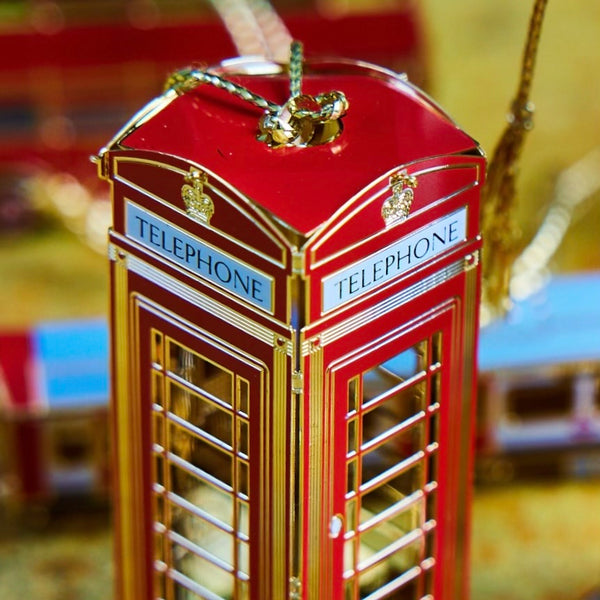 London Red Phone Box Christmas Ornament - Classic British Telephone Booth Keepsake by The London Christmas Company - Handcrafted with 24-Carat Gold Finish for Holiday Decor