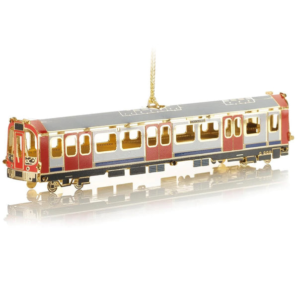 Handcrafted 24-carat gold London Tube Train Christmas ornament by The London Christmas Company, featuring iconic British underground train design for holiday décor.