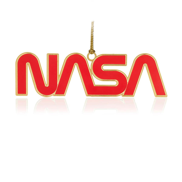 Handcrafted NASA logo Christmas ornament by The London Christmas Company, featuring the iconic red NASA worm logo with 24-carat gold detailing, perfect for space enthusiasts and collectors.