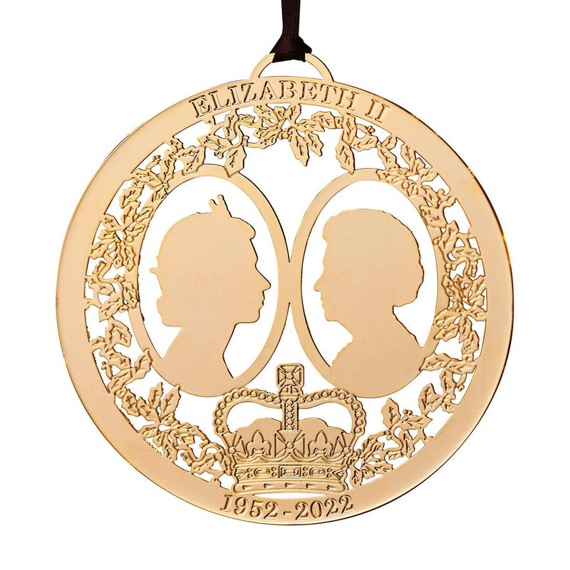 Handcrafted Queen Elizabeth II Commemorative Christmas Ornament, featuring intricate gold plated detailing, from The London Christmas Company. Celebrate British royal legacy with this elegant holiday keepsake