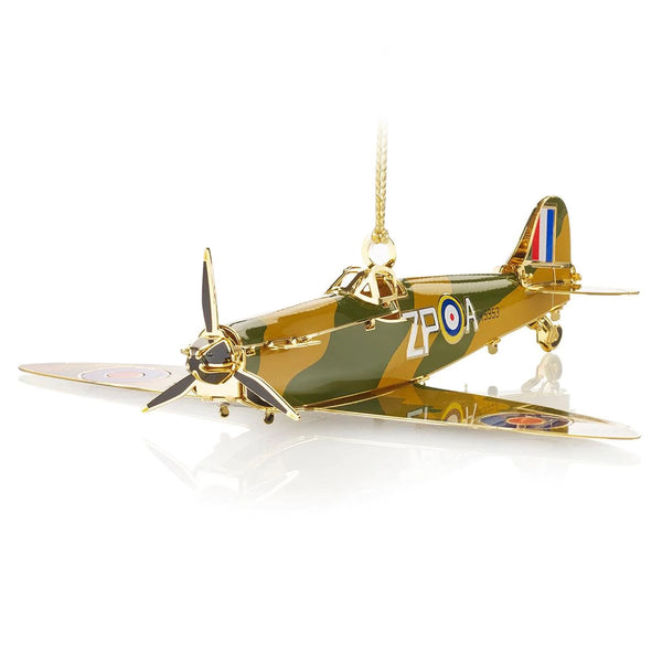 Front View: Handcrafted RAF Spitfire Christmas Tree Ornament, featuring intricate 24-carat gold detailing, celebrating British aviation history. Designed by The London Christmas Company.