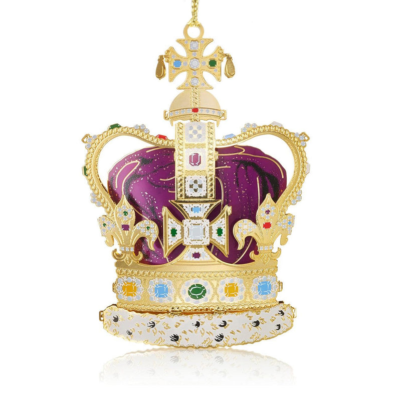 Handcrafted St Edward’s Crown Christmas Tree Ornament, featuring intricate 24-carat gold detailing and vibrant jewel embellishments. A royal symbol of British heritage by The London Christmas Company.