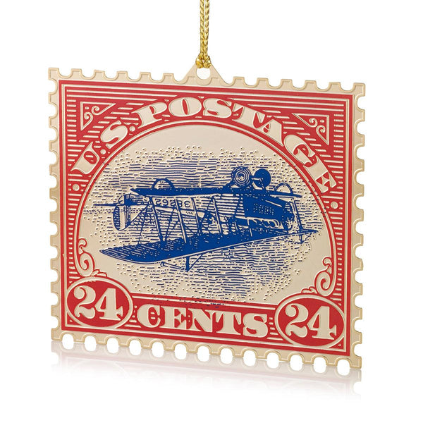 Inverted Jenny Stamp Christmas Ornament - USPS Replica by The London Christmas Company - Iconic U.S. Airmail Collectible Keepsake. Solid Brass and 24k Gold.